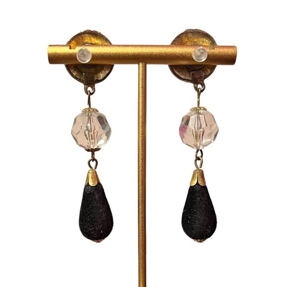 ⭐️3/$25⭐️ Light Gold Tone Clear Crystal Black Brushed Velvet Dangle Earrings - Picture 4 of 4